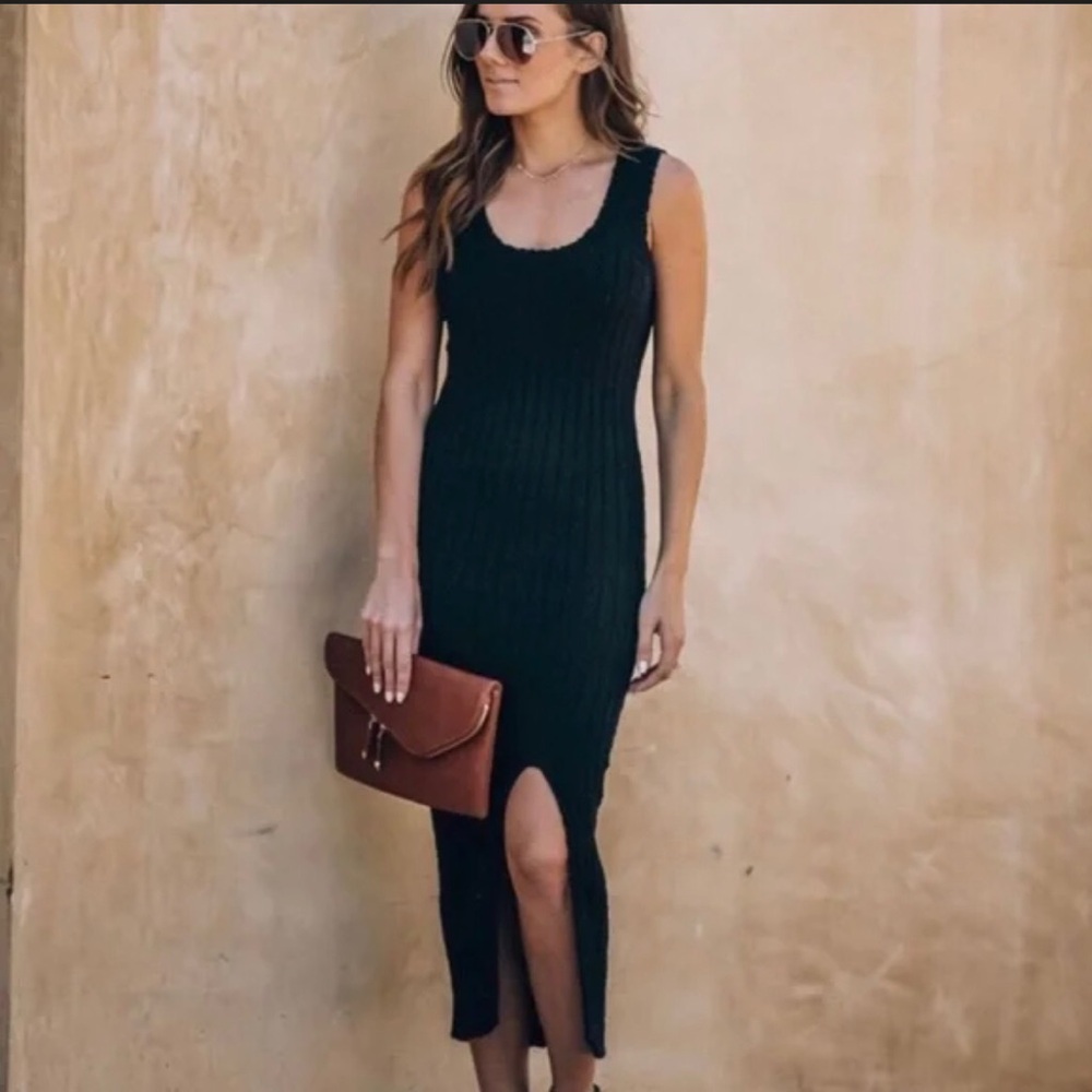 NWT Vici Nordstrom Black Ribbed Cotton Midi Dress Medium